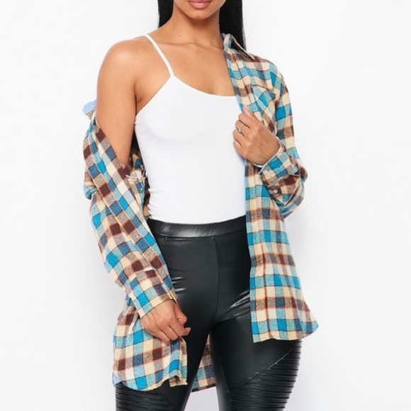 NEW FALL UNISEX TRENDY BLUE MULTI PLAID FLANNEL LONG SLEEVE BUTTON UP SHIRT - Picture 4 of 8